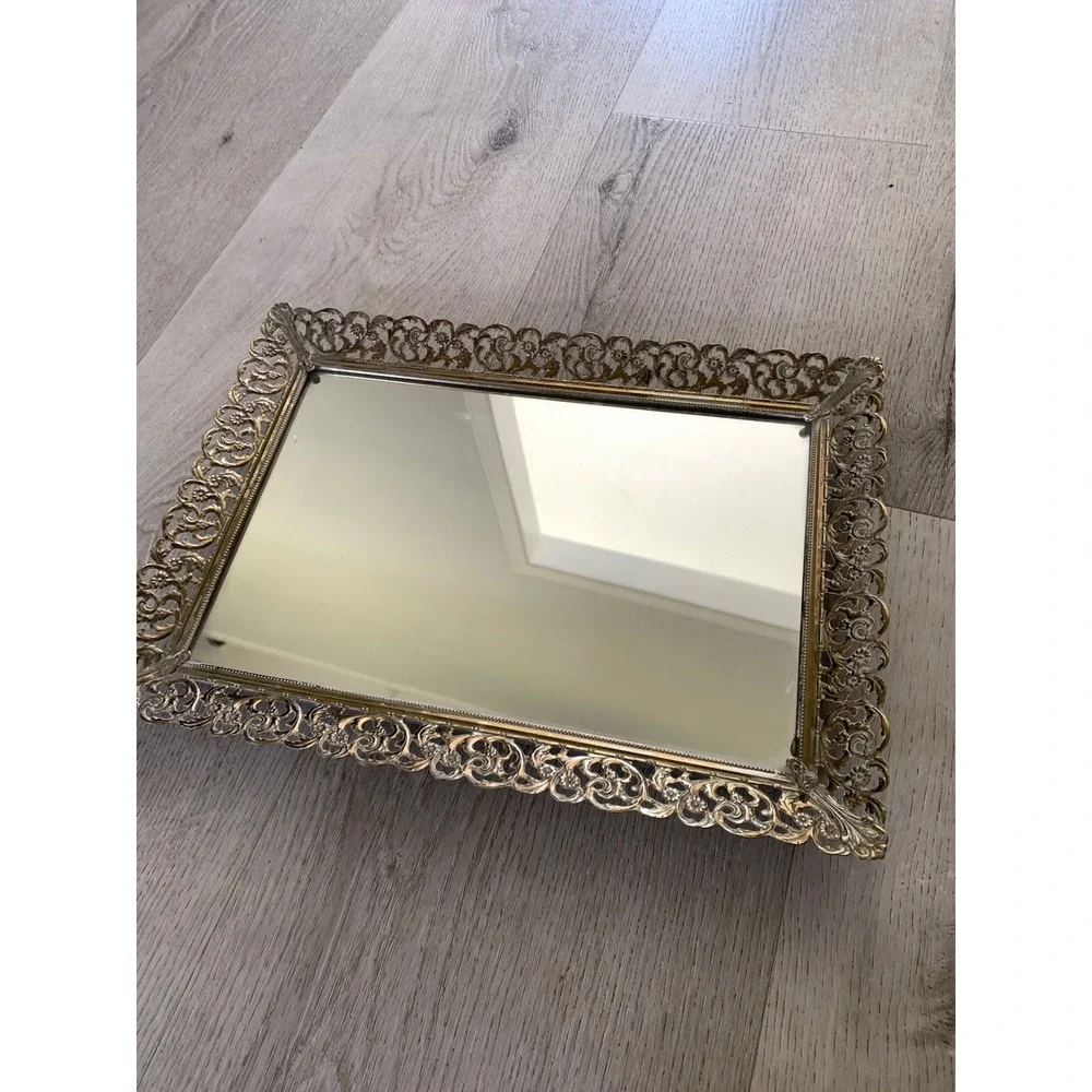 Vintage Hollywood Regency Mirrored Vanity Tray Gold Filigree Ornate Metal 13.5